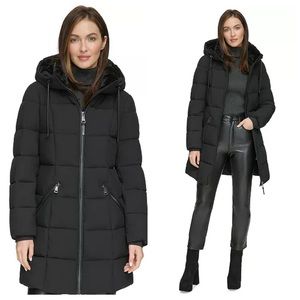DKNY Faux Fur Trim Hooded Puffer Coat in Black